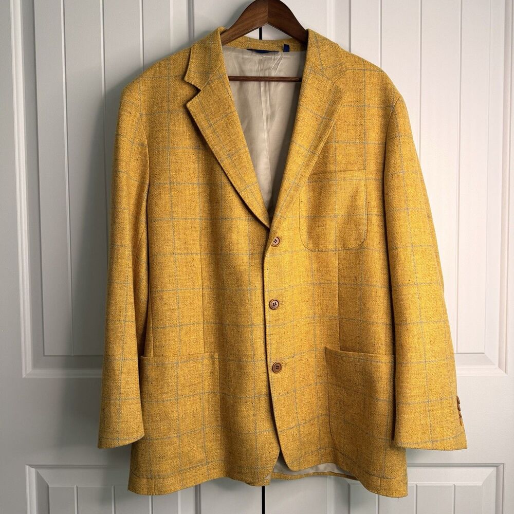 McKenzie Tribe 44R Unstructured Virgin Wool Blazer Gold Tweed Windowpane Suede.